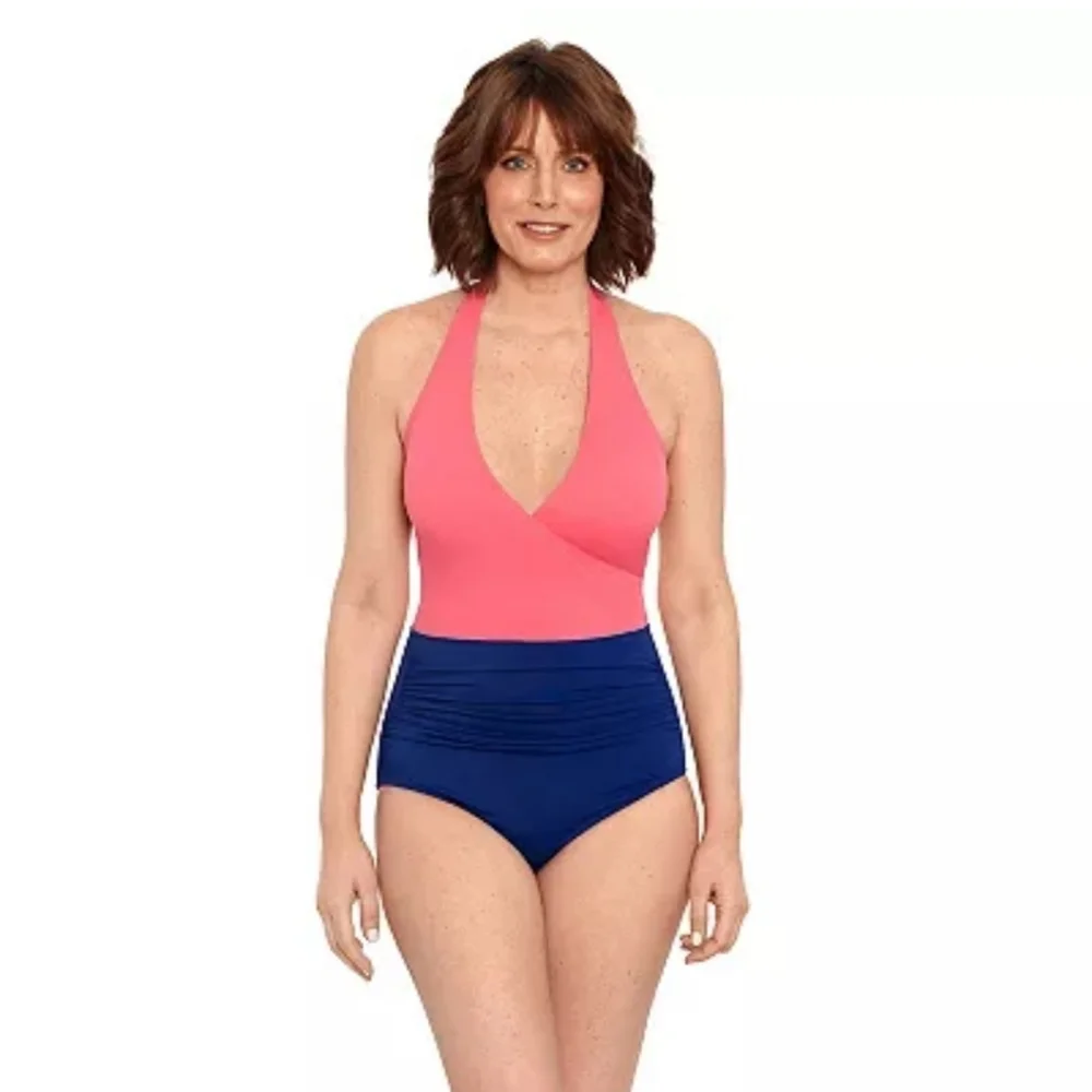 Bal Harbour One Piece Color Block Halter One Piece Tummy Control Swimsuit 20 New